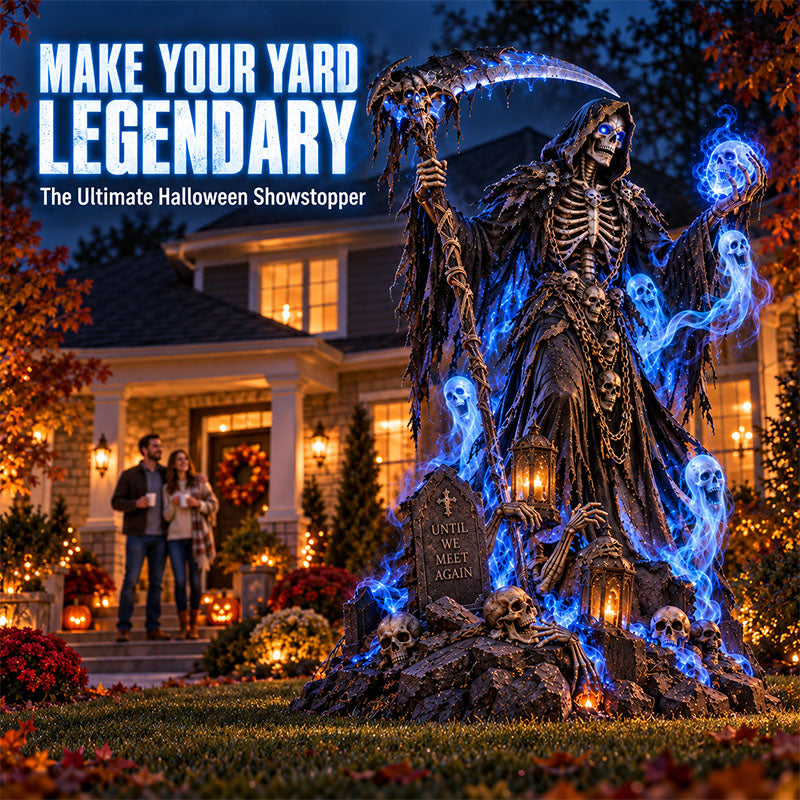 Giant Grim Reaper Halloween Yard Decoration with Glowing Blue Ghosts