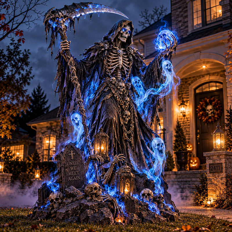 Giant Grim Reaper Halloween Yard Decoration with Glowing Blue Ghosts