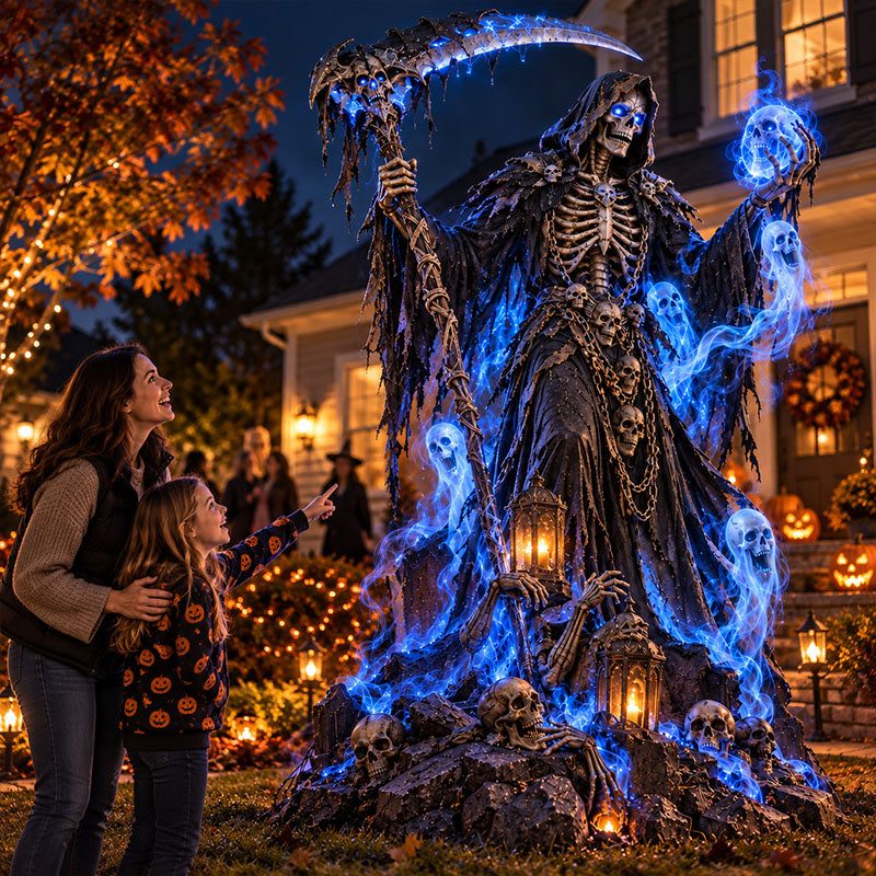 Giant Grim Reaper Halloween Yard Decoration with Glowing Blue Ghosts