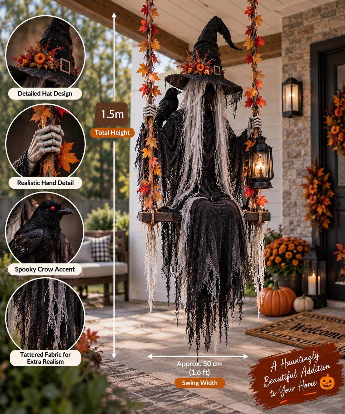 🎃 Hanging Witch Halloween Decoration – 1.5M Spooky Porch Swing