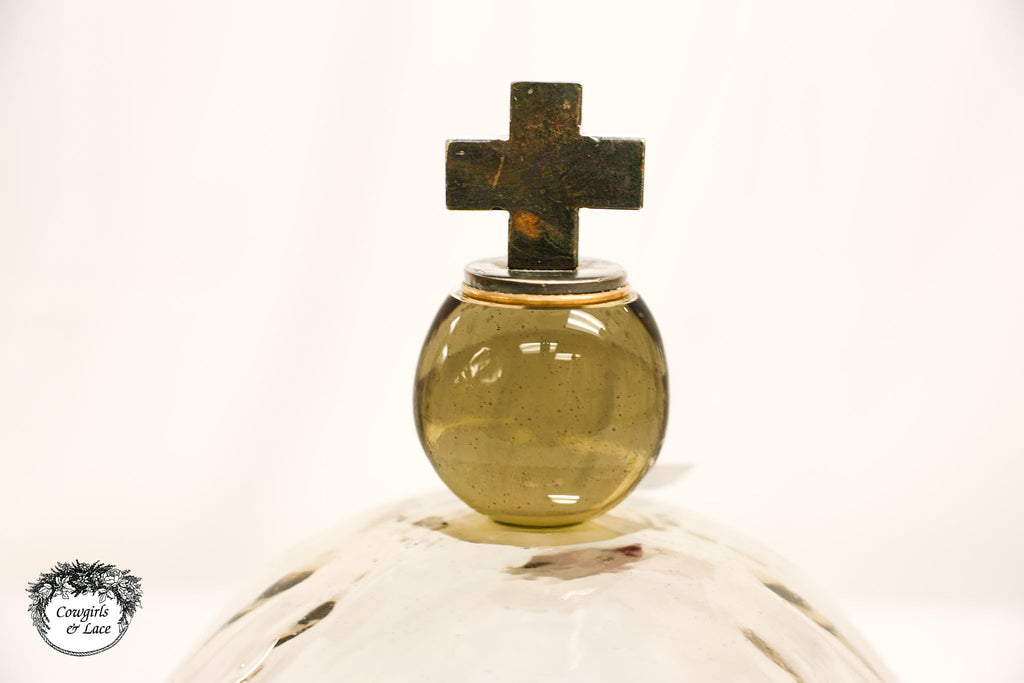 Jan Barboglio Cross Glass Cloche with Iron Tray – 16" Decorative Dome Server