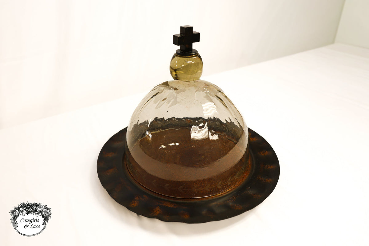 Jan Barboglio Cross Glass Cloche with Iron Tray – 16" Decorative Dome Server