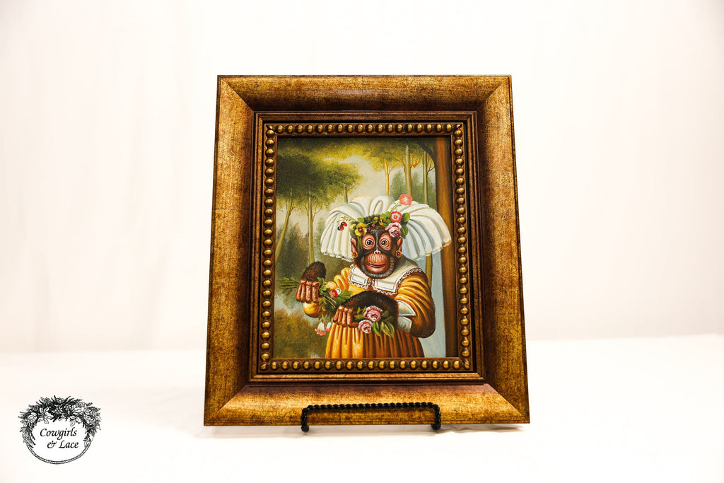 Framed Singerie Monkey Portrait Canvas Painting – Whimsical Animal Art with Gold Frame (14”)