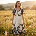Elegant V-Neck Botanical Print Midi Dress