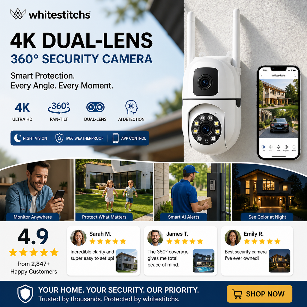 🔍🔍360° Pan & Tilt 4K Dual Lens Security Camera – Outdoor WiFi Surveillance Camera